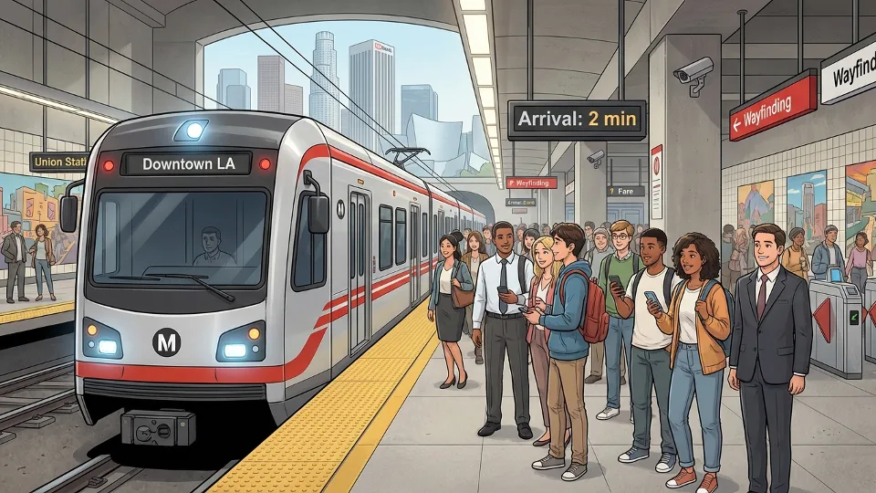 Metro train at downtown Los Angeles station platform with passengers waiting