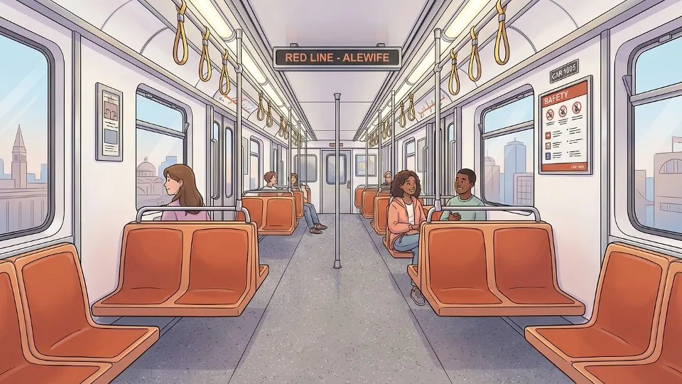 Red Line train interior with empty seats during normal service