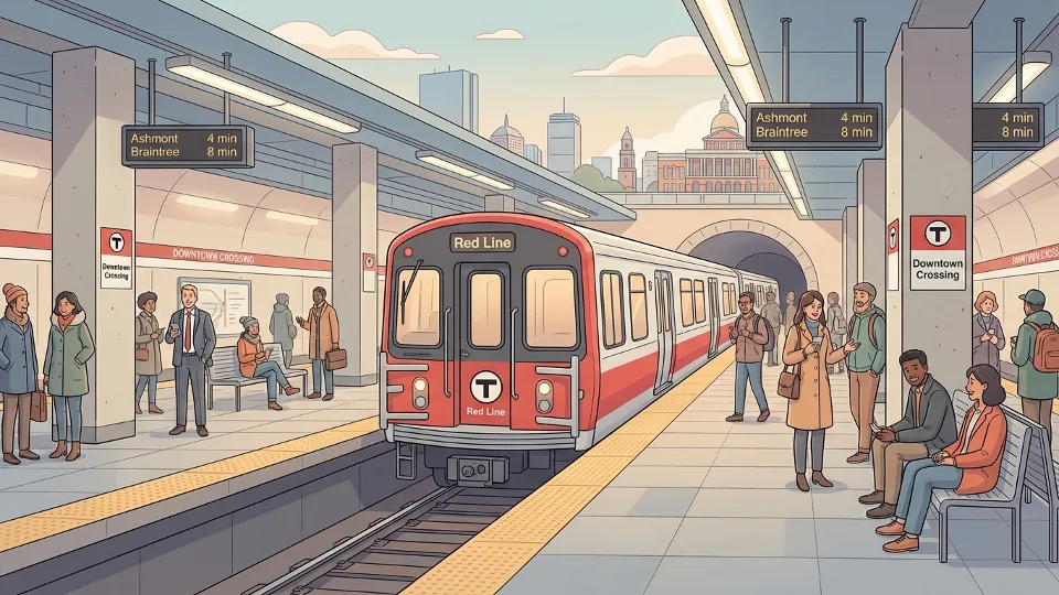 MBTA Red Line train at station platform with passengers waiting
