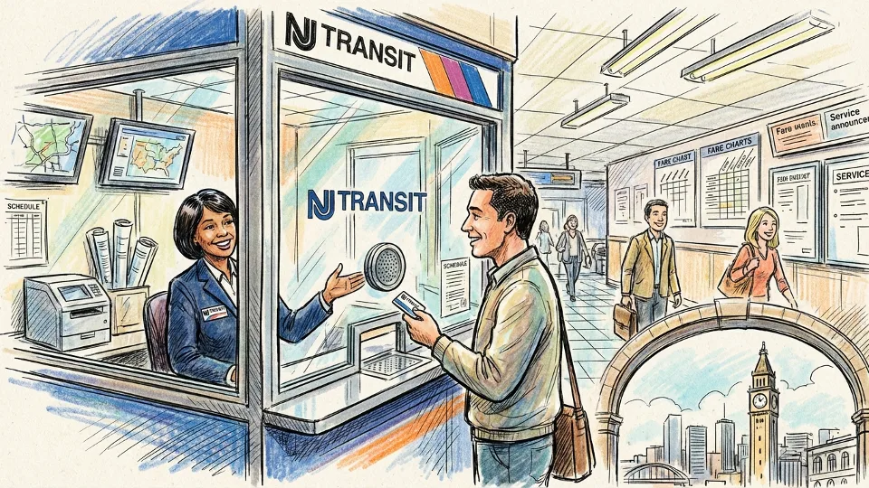 NJ Transit customer service representative assisting passenger at ticket window