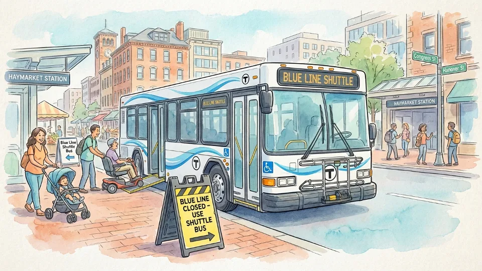 MBTA shuttle bus at Haymarket station with Blue Line closure signage. Alt text: MBTA shuttle bus replacement service Boston Blue Line weekend. Composition: Close-up of shuttle bus at pickup point, temporary signage directing passengers, showing accessibility features.