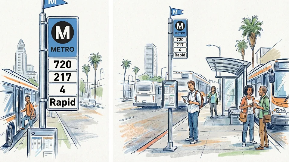 Metro bus stop sign with route information in Los Angeles