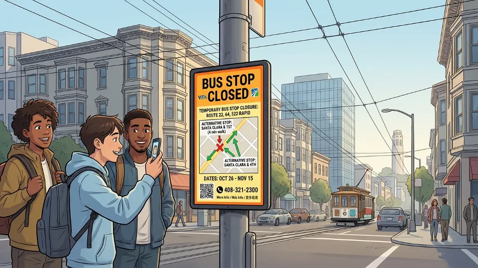 Bus stop closure sign with detour information posted at urban transit stop