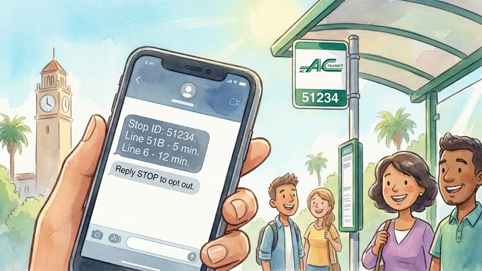 Close-up of smartphone displaying AC Transit bus stop ID number and text message interface for arrival times