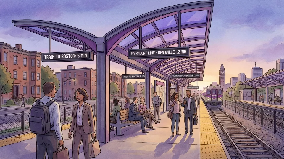 MBTA Fairmount Line station platform with commuters waiting for evening train service