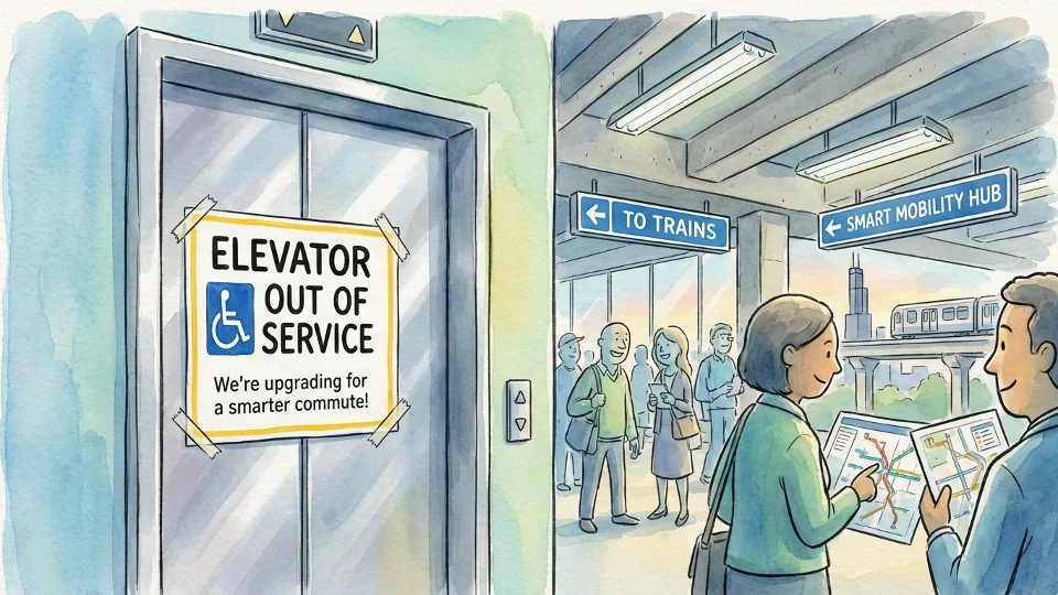 Out of service sign on elevator doors at transit station, with accessibility symbol visible and station infrastructure in background