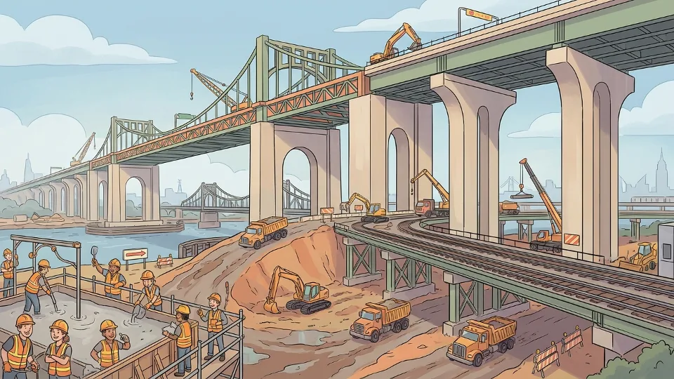 Construction crews working on the new Portal North Bridge structure with rail infrastructure and equipment visible, showing the scale of the bridge replacement project