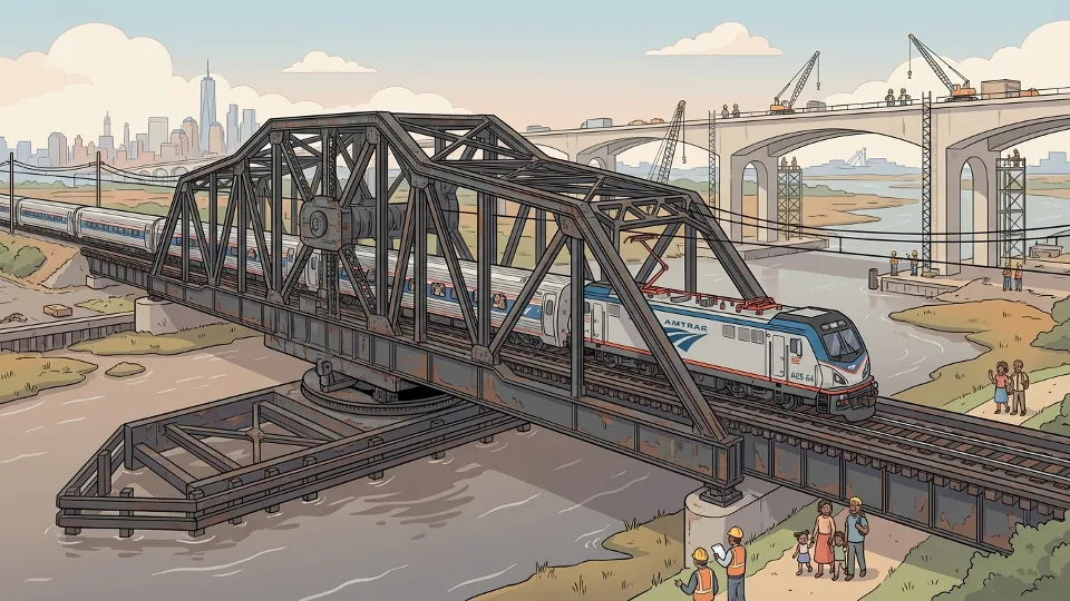 Amtrak train crossing the existing Portal Bridge over the Hackensack River between New York and New Jersey, showing the aging swing-span structure with the new Portal North Bridge visible in the background under construction
