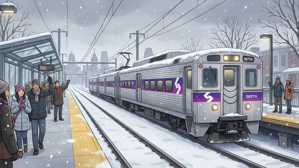 SEPTA regional rail train at station platform in winter conditions