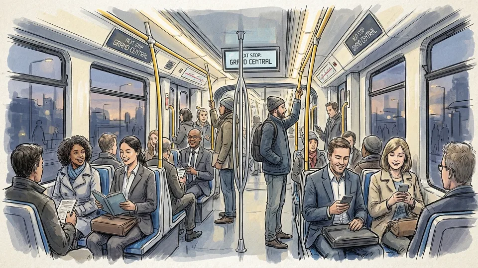 Interior view of West Midlands tram car with passengers standing and seated during evening commute