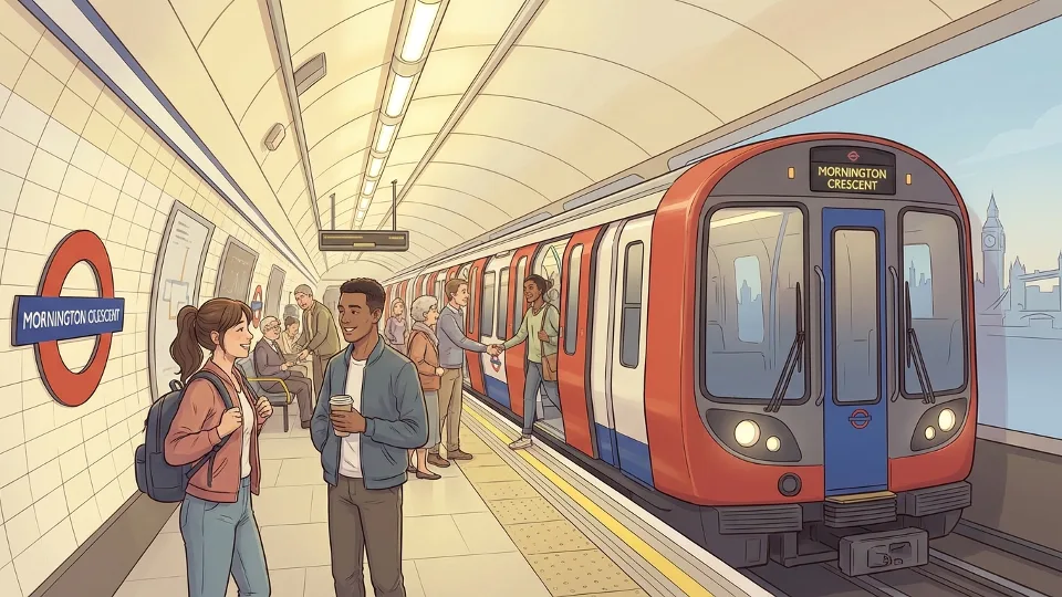 London Underground Northern Line train at Mornington Crescent station platform with distinctive rounded tunnel architecture and station signage visible