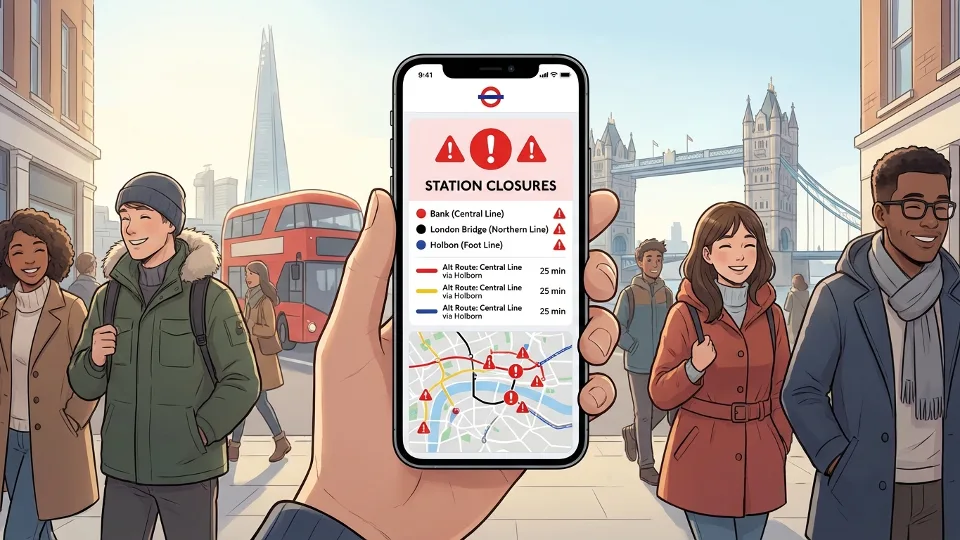 Mobile phone displaying London transit app with station closure information and alternative route suggestions on screen