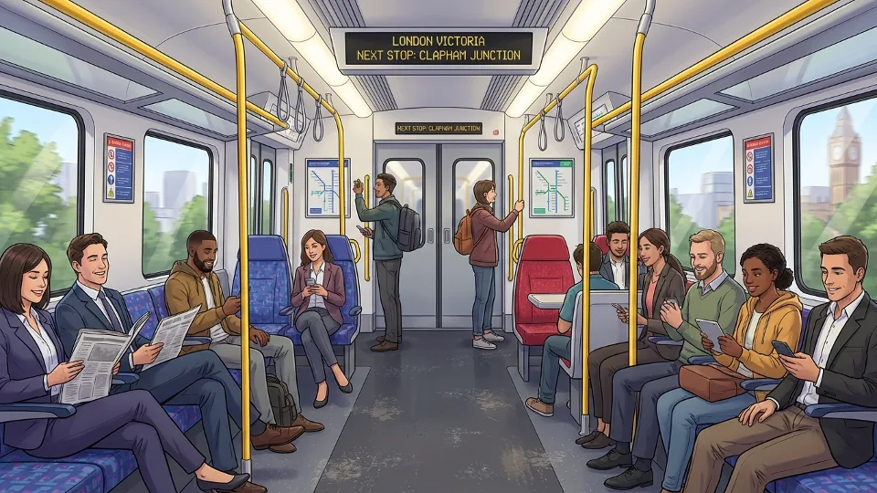 Interior view of passenger train carriage with commuters seated and standing during journey
