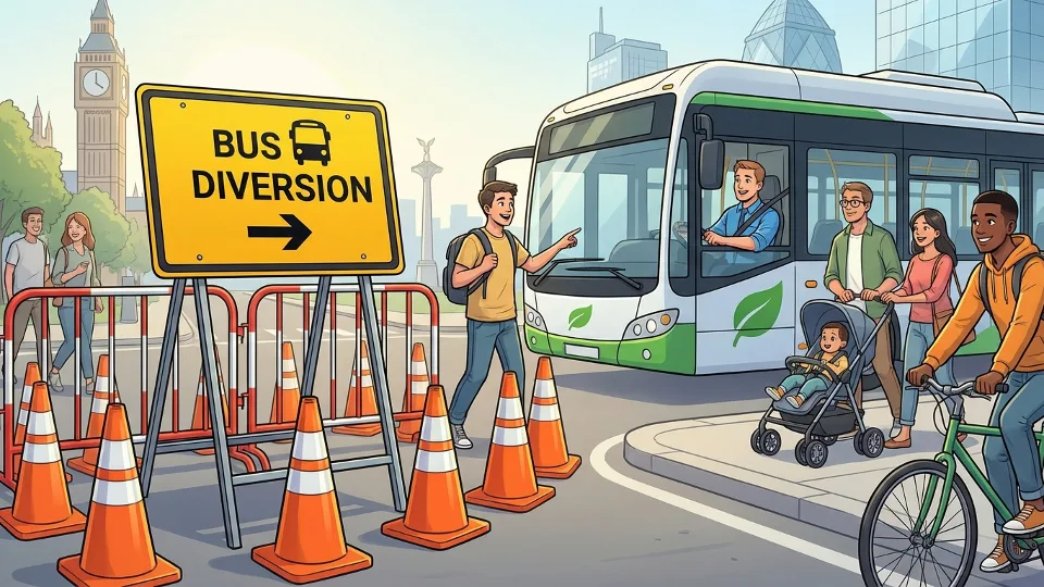 Bus diversion sign at urban intersection with traffic cones and road closure barriers