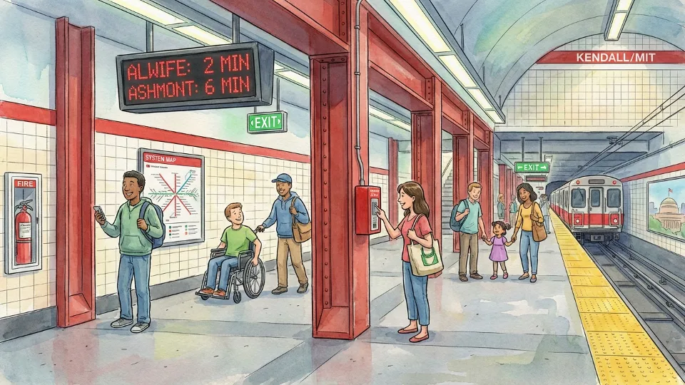 MBTA Red Line station interior showing emergency response protocols and passenger information displays