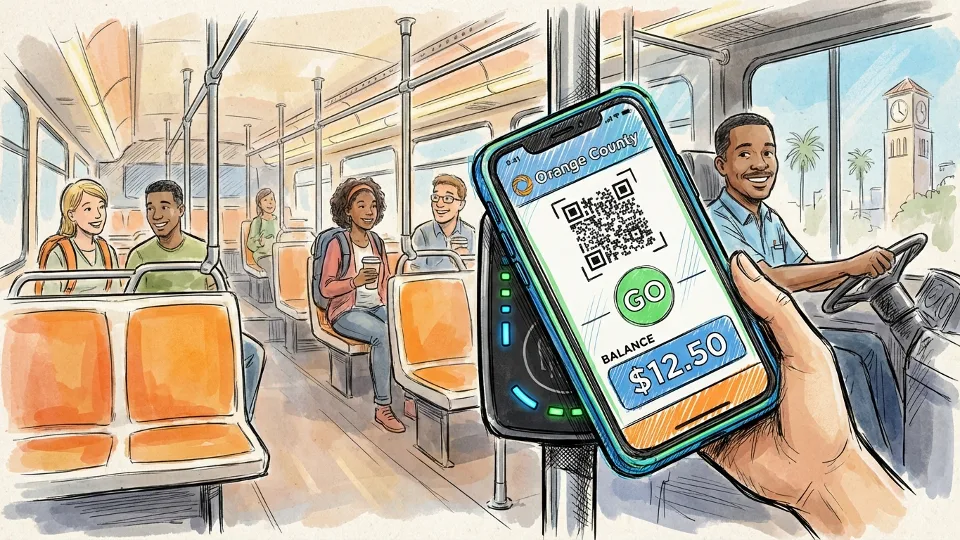 Close-up of smartphone displaying transit payment app interface at bus fare reader, Orange County bus interior visible in background