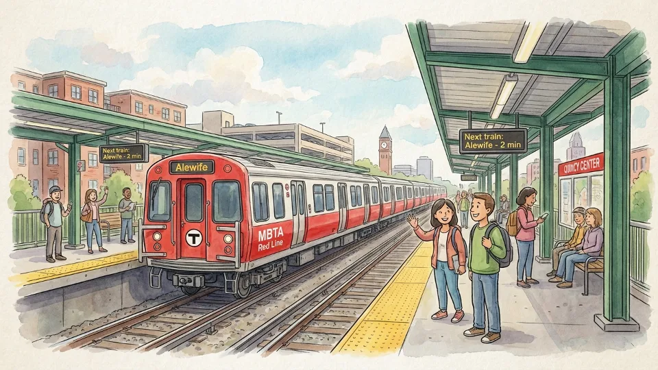 MBTA Red Line train at Quincy Center station platform with passengers waiting