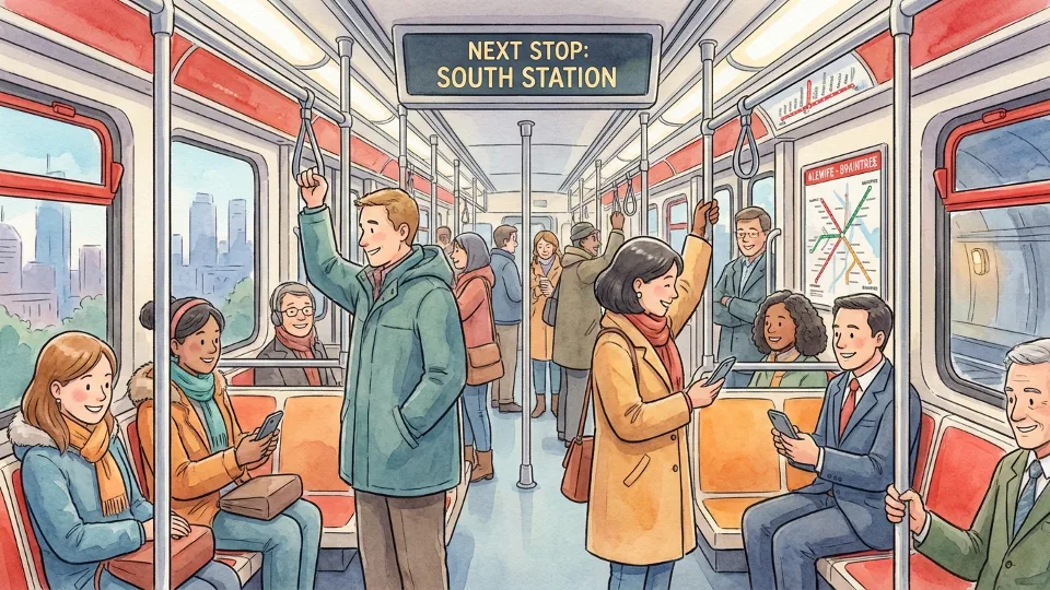 MBTA Red Line train interior with commuters standing and holding handrails during morning rush hour