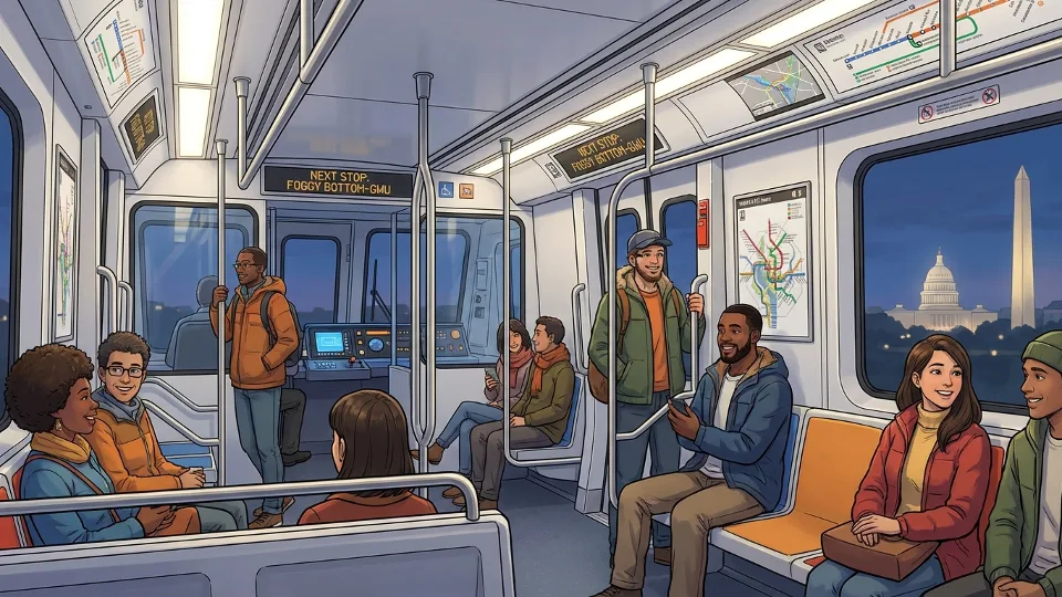 Interior of Metro train car showing operator's cab and passenger seating area with commuters during evening service