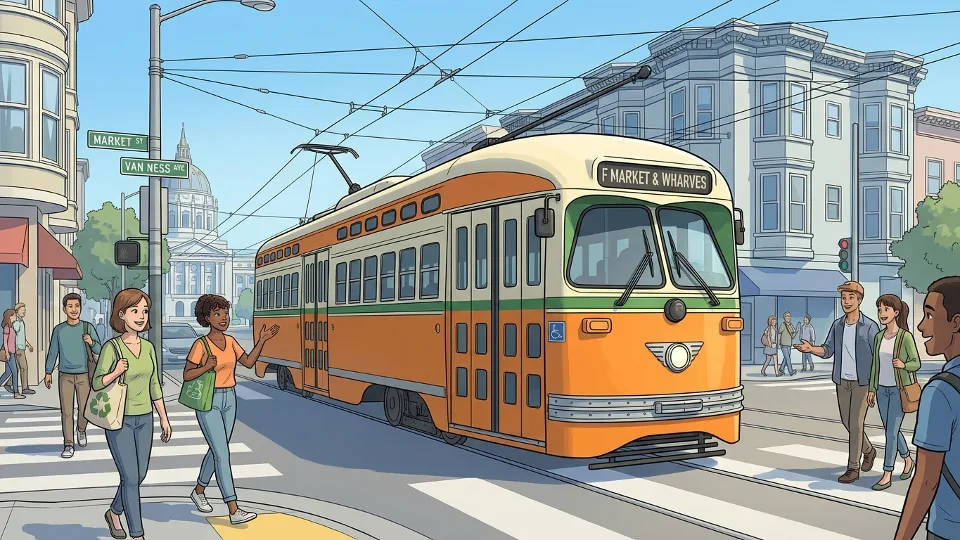 San Francisco Muni F Market vintage streetcar at Market and Van Ness intersection with overhead wires visible