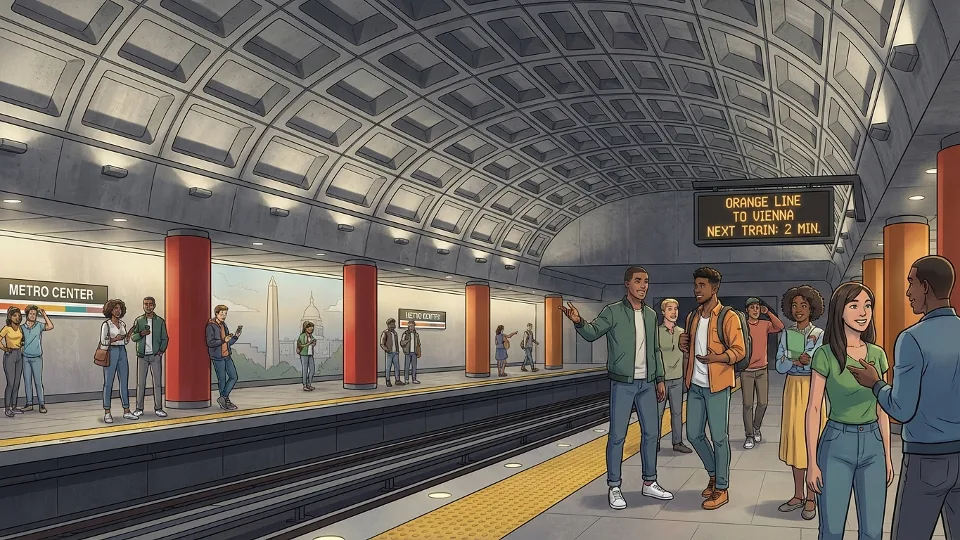 Metro station interior showing platform and tracks with safety signage