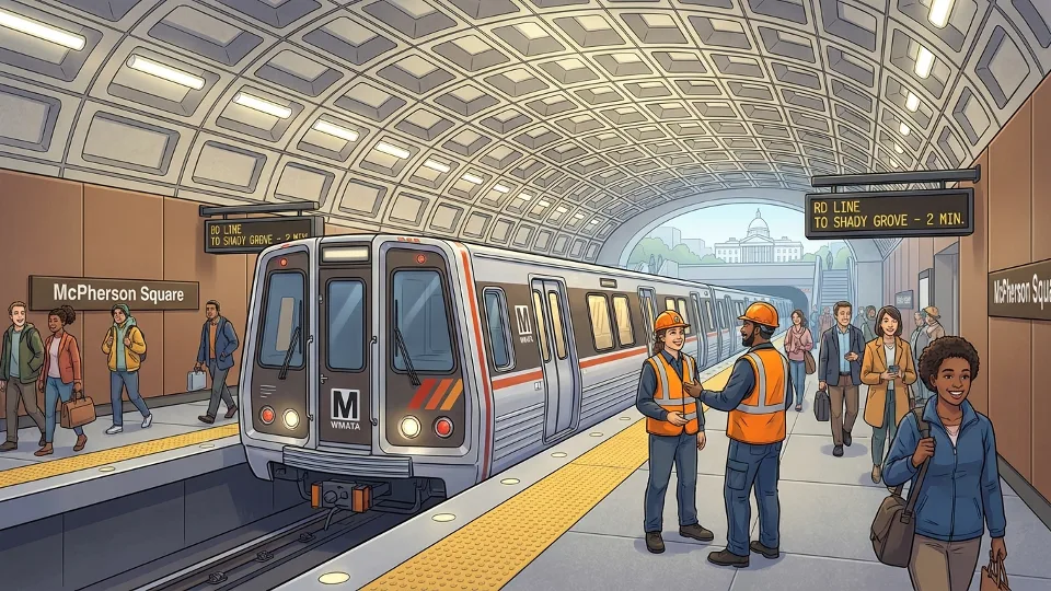 Metro train at McPherson Square station platform with safety personnel visible