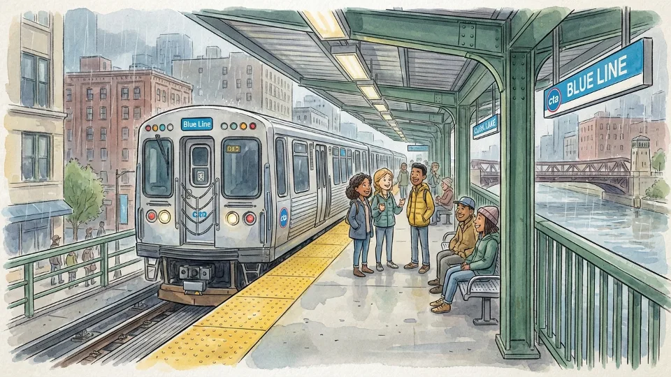 Chicago CTA Blue Line train at elevated station platform with passengers waiting