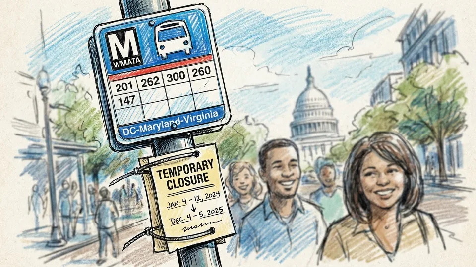 Close-up of WMATA bus stop sign with temporary closure notice posted