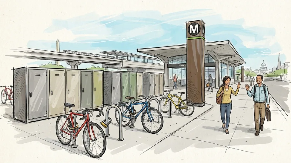 Bike lockers at Metro station with bicycles parked nearby and transit infrastructure in background