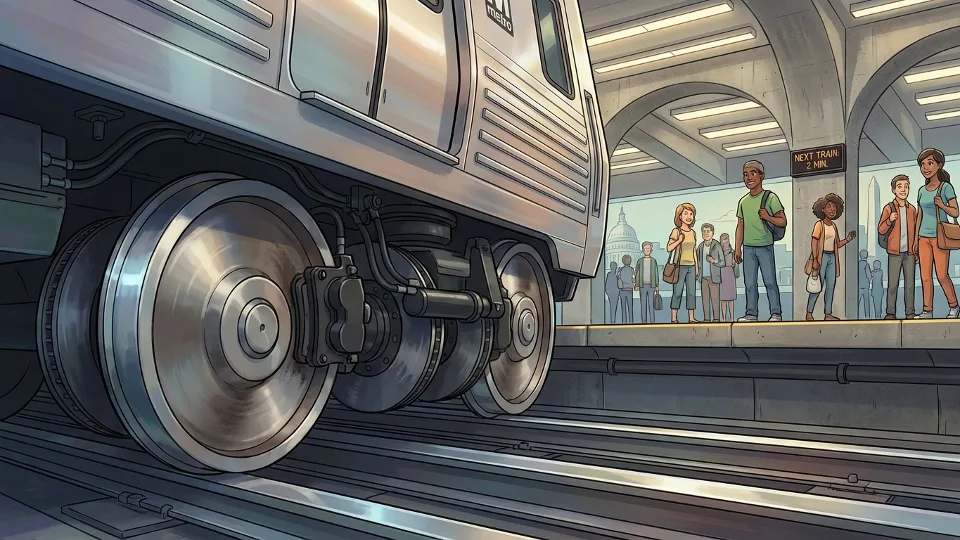 Close-up of metro train braking system and wheels at station platform