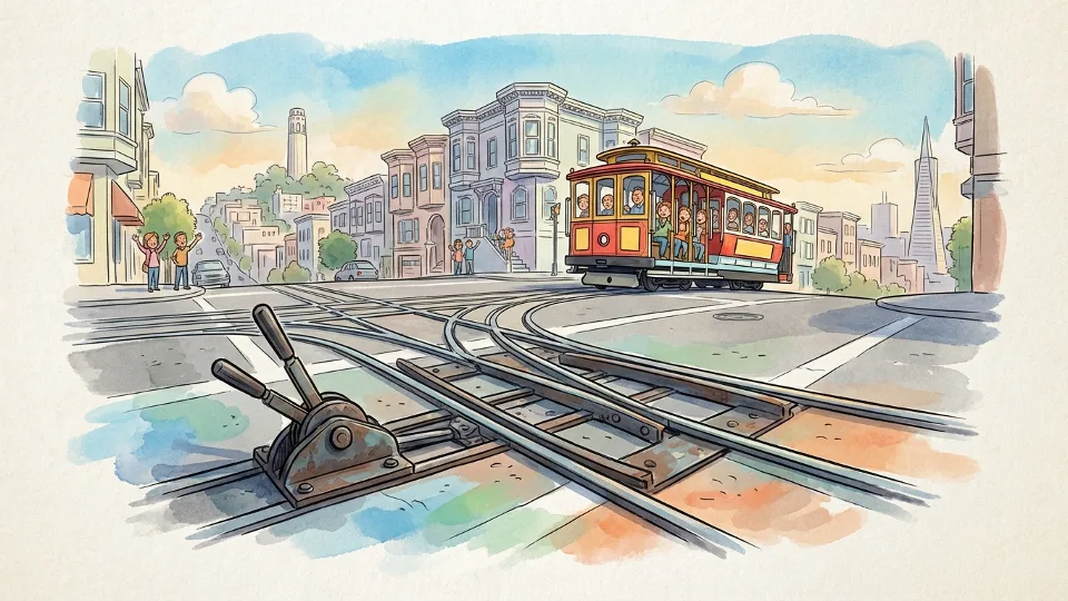 Cable car track switch mechanism at San Francisco street intersection, showing rails and switching apparatus
