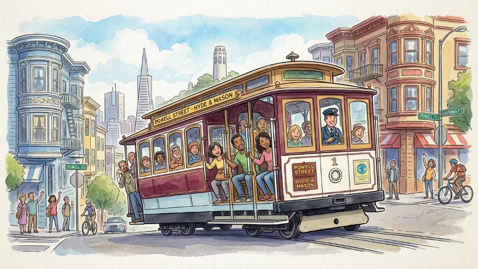 San Francisco cable car on Powell Street with historic buildings in background, passengers visible on running boards