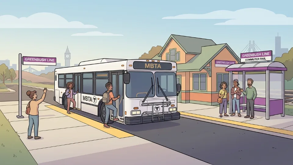MBTA shuttle bus at commuter rail station with Greenbush Line signage visible in background