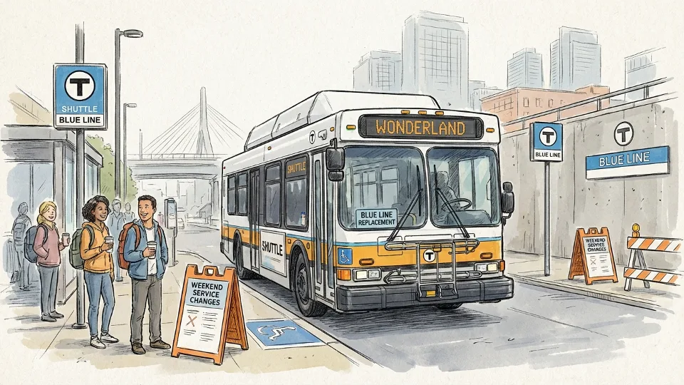 MBTA shuttle bus at transit station with Blue Line route signage, showing replacement service setup during weekend maintenance