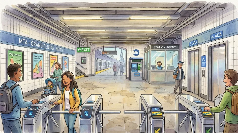 Subway station mezzanine level with fare gates and elevator access