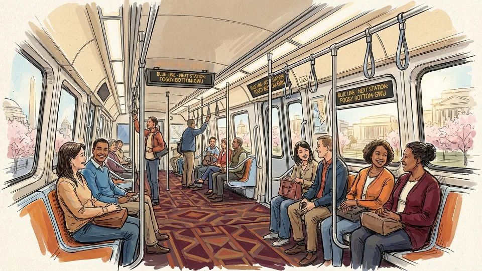 Interior view of Washington Metro train car showing passenger seating area and digital information displays, with the train's distinctive carpeted floor and grab poles