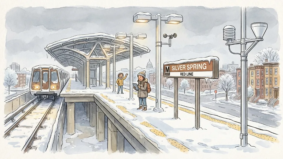 Metro elevated rail platform with snow accumulation, showing above-ground track infrastructure and weather monitoring equipment