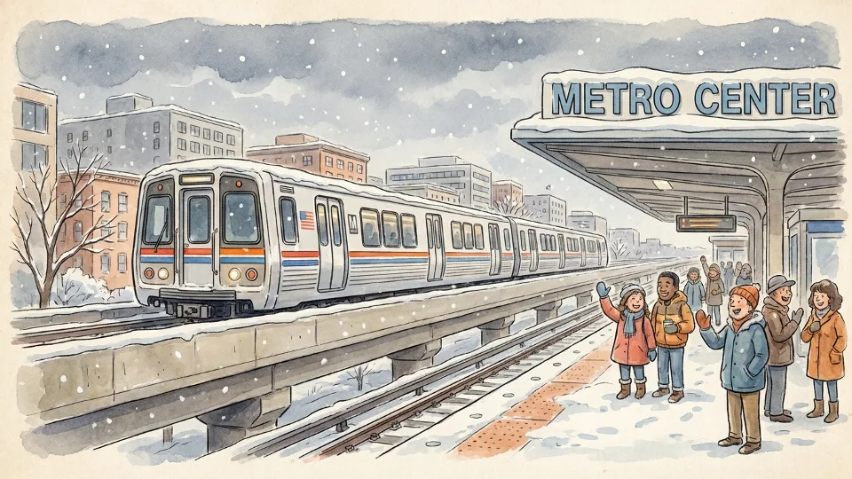 Metro train on elevated tracks with winter weather conditions, snow visible on platform and surrounding area