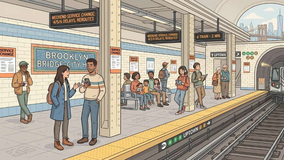 MTA subway station platform with service change notification signs and waiting passengers