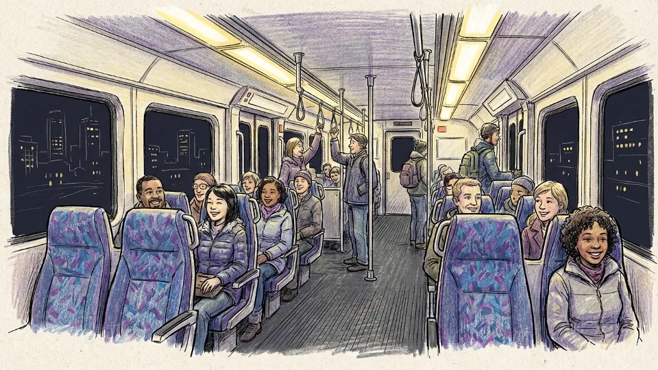 Interior of commuter rail car showing seating capacity and standing room during evening service
