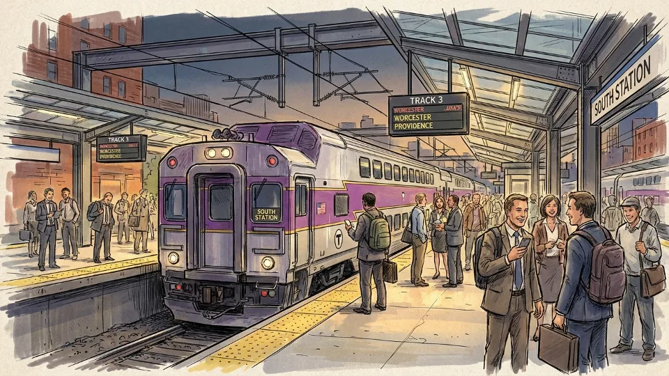 Commuter rail train at Boston South Station platform during evening rush hour with passengers waiting on platform