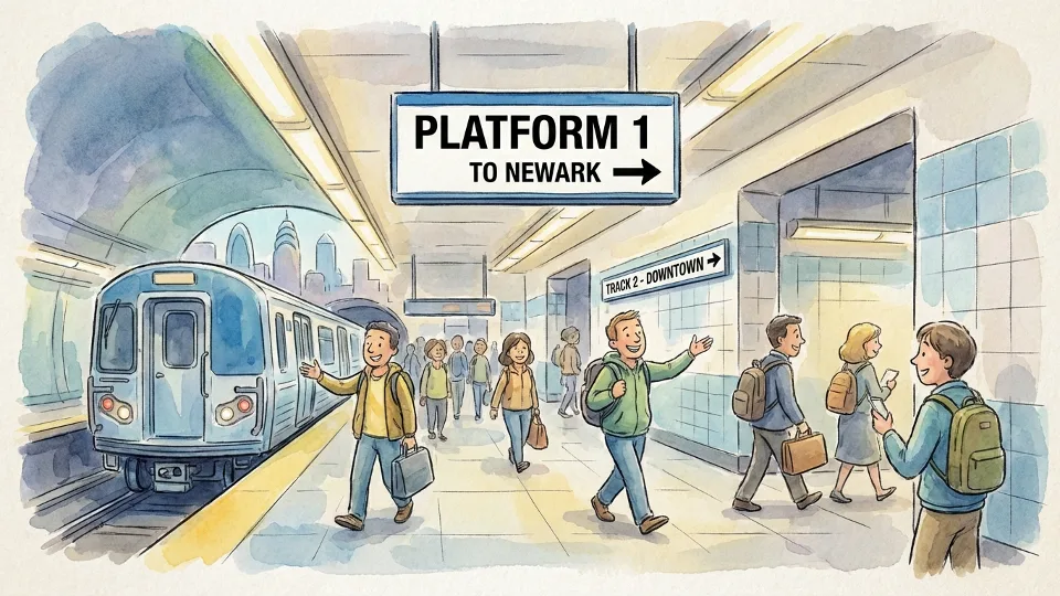 PATH station platform signage showing track and platform numbers with directional information