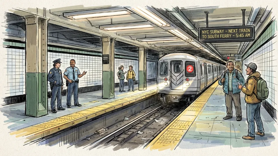 New York City subway platform with train approaching station during early morning hours