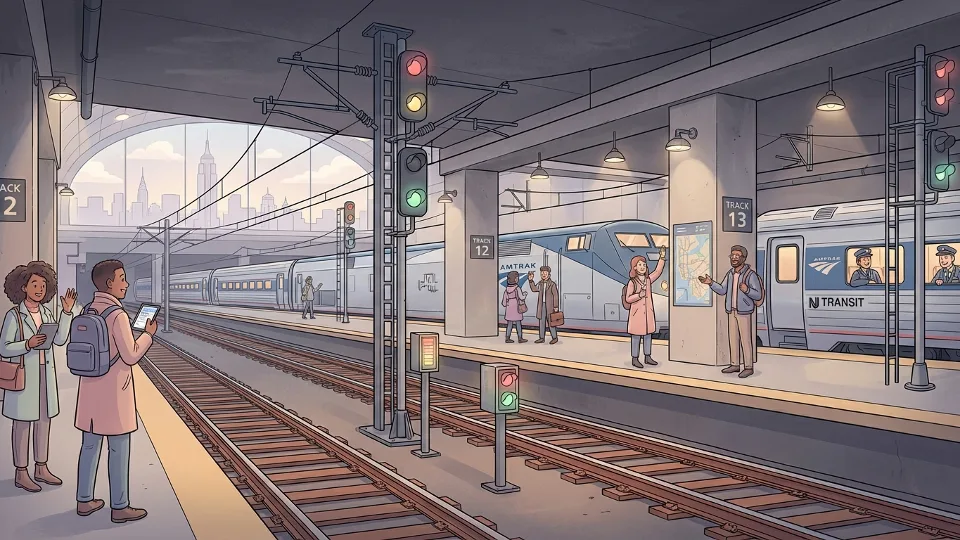 Rail tracks and signal equipment at Penn Station New York with trains in background