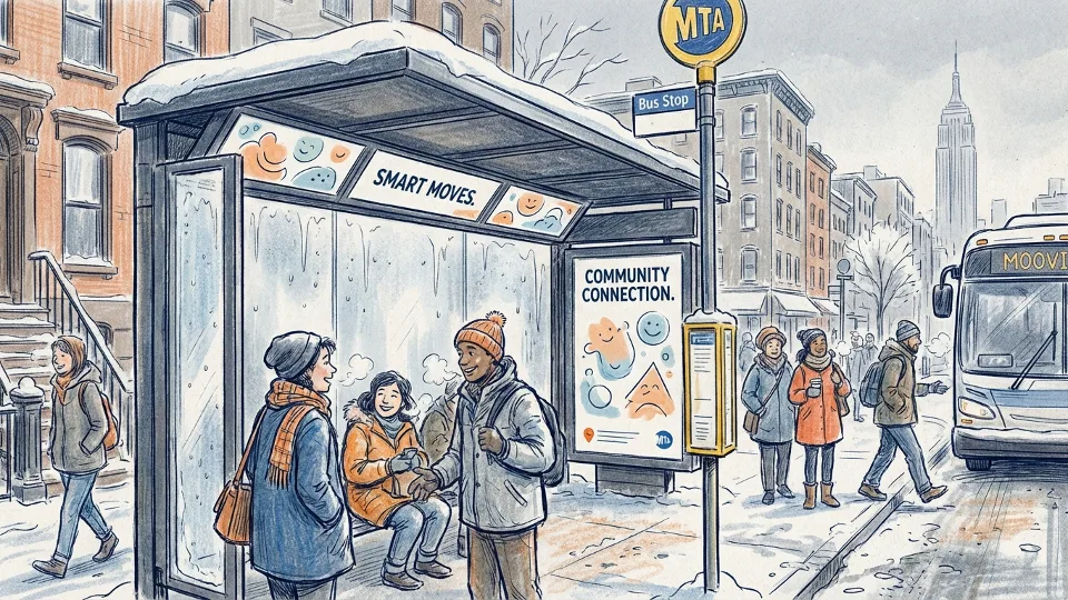 Bus stop shelter with waiting passengers in winter conditions with frost and cold weather visible