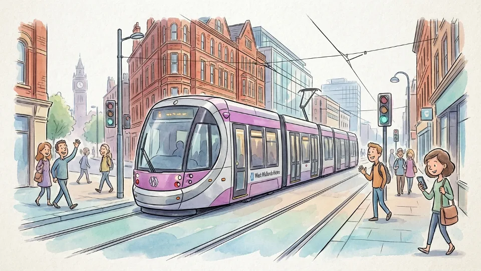 West Midlands tram traveling along track in urban corridor between Wolverhampton and Edgbaston