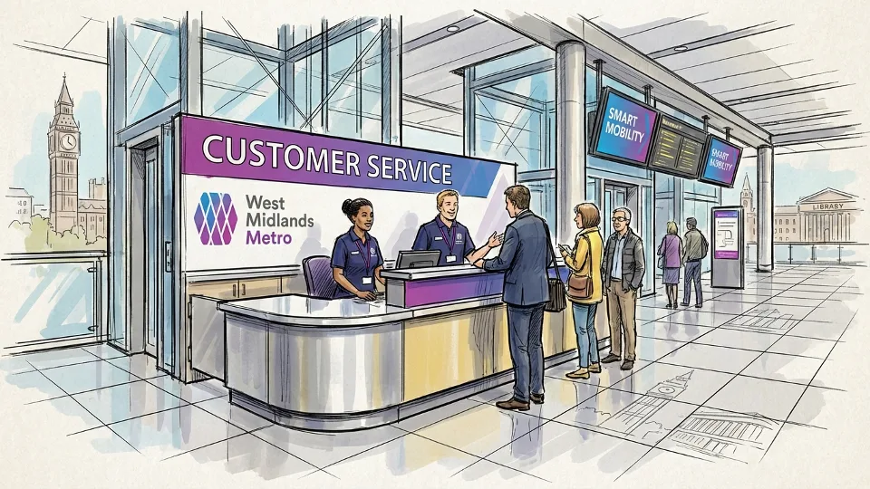Customer service desk at West Midlands Metro station with staff assisting passengers