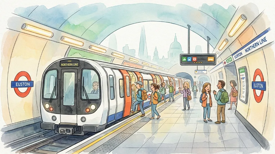 Northern line train stopped at Euston station platform with passengers boarding