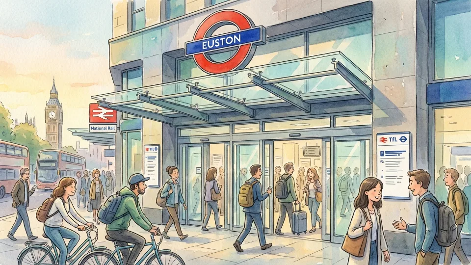 Euston station entrance with London Underground roundel sign and commuters