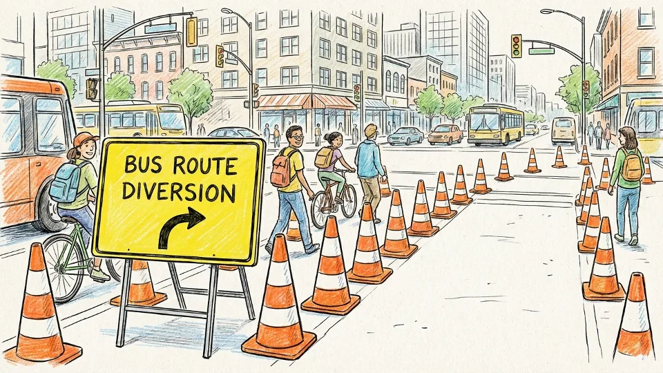 Bus route diversion sign at urban intersection with traffic cones and detour markers